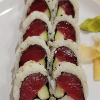 Spicy Tuna Roll · Tuna, scallion, cucumber and sesame seeds with kimchee sauce. Inside-out.