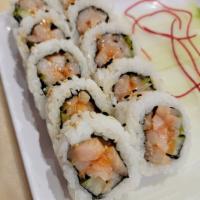 Spicy Hamachi Roll · Hamachi, cucumber, scallion, sesame seeds and kimchee sauce. Inside-out.