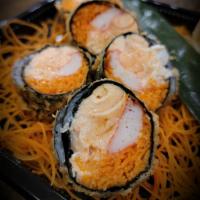 Salmon Tempura Roll · No rice. Deep-fried salmon, kani and carrot roll. 5 pieces. Seaweed-out.
