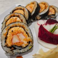 King Roll · Deep-fried salmon tempura roll with kani and carrot (no rice), then wrapped with sushi rice,...