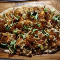 Dough Bird · smoked chicken thigh, 
honey chipotle goat cheese, 
fire roasted squash, 
carmelized onio...