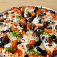 Meatball Pizza · Meatball, tomato, green pepper, red onion, mushroom, olive. Extras for an additional charge.