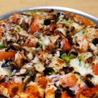 Veggie Pizza · Tomato, green pepper, red onion, mushroom, olive. Extras for an additional charge.