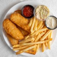 Fish and Chips Plate · Breaded fish fillet, fries, garlic sauce, hot sauce, coleslaw.