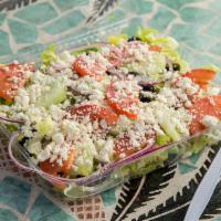 Greek Salad · Romaine, lettuce, tomatoes, red onions, cucumbers, black olives, yellow pepper, feta cheese ...