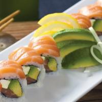 R08 SUPER PHILLY ROLL · IN: FRESH SALMON, AVOCADO, CREAM CHEESE
OUT: FRESH SALMON