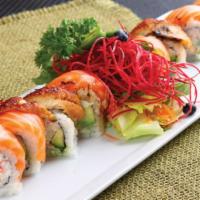 R17 TIGER ROLL · IN: CRABMEAT, AVOCADO
OUT: SALMON, BAKED EEL ON TOP
SAUCE: EEL SAUCE SPICY MAYO