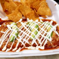 Wet burrito  · flour tortilla, your choice of meat, rice beans, anion and cilantro inside, on top your choi...