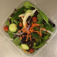 Tossed Salad · Spring mix topped with tomatoes,green peppers, onions, cucumbers, olives, carrots, pepperonc...