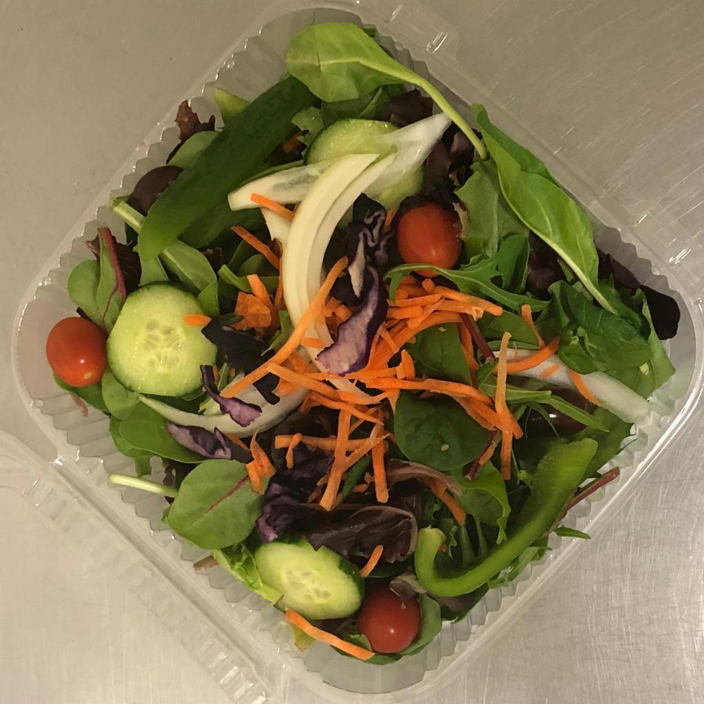 Tossed Salad · Spring mix topped with tomatoes,green peppers, onions, cucumbers, olives, carrots, pepperoncini and red cabbage.