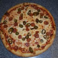 Hot Bruno Pizza · Linguica, jalapeno hot peppers, mozzarella cheese and sauce. 