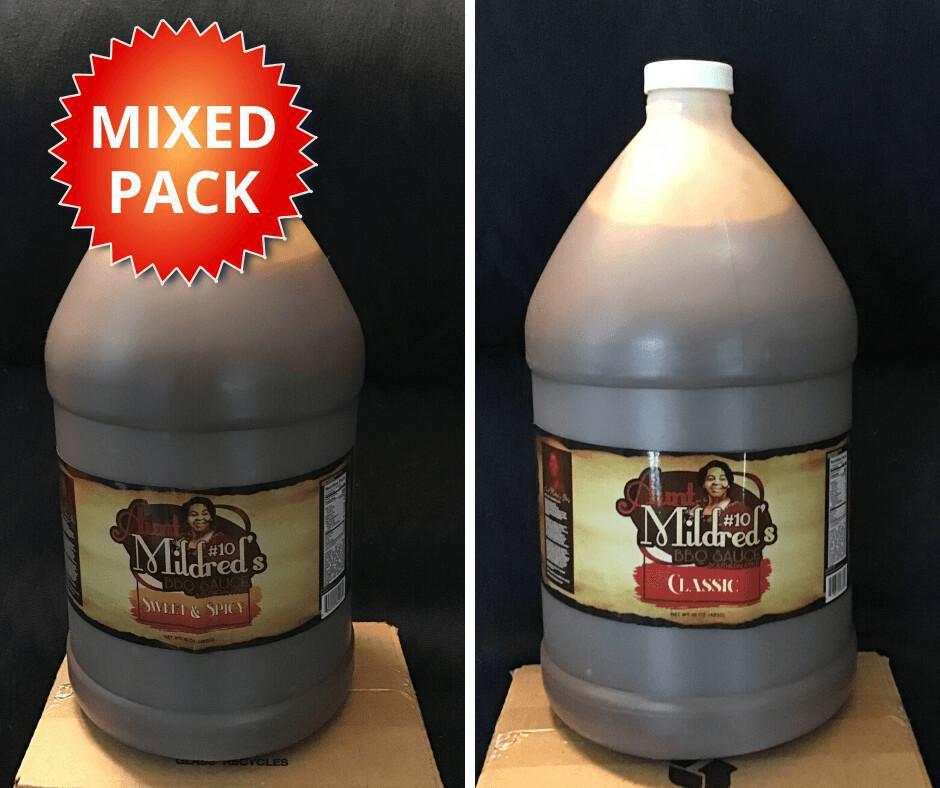 Mixed 4 Gallon Pack Sweet and Spicy & Classic · This is the perfect mix of Aunt Mildred's Southern style sweet and spicy BBQ sauce and classic BBQ sauce. Looking for a little variety? Try our mixed 6 pack and get 3 bottles of our sweet and spicy BBQ sauce and 3 bottles of our classic BBQ sauce.