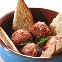 Polpettine (Meatball) · Beef&veal meatballs with San Marzano tomato sauce, tomatoes, mozzarella & parmesan cheese