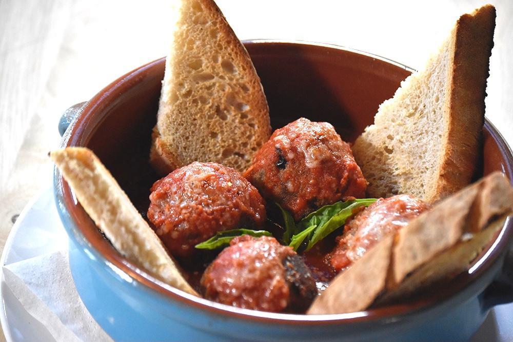 Polpettine (Meatball) · Beef&veal meatballs with San Marzano tomato sauce, tomatoes, mozzarella & parmesan cheese