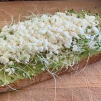 Avocado Toast · Sourdough open bread, avocado, alfalfa sprouts, olive oil and feta cheese.