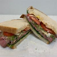 Roast Beef Sandwich · Wheat bread, London broil RB, Swiss cheese, spinach, alfalfa sprouts, tomato, onion, mayo an...