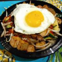 Korean Bibimbap · NON-traditional Bibimbap: lightly-seasoned TOSSED veggies: zucchini | carrots | onions | shi...