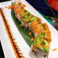 Tiger Sushi Roll (raw) · Spicy tuna | avocado | topped w salmon | spicy wasabi aioli | wasabi tobiko