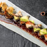 Dragon Sushi Roll (cooked) · Shrimp tempura | unagi | avocado | masago, sweet soy | unagi sauce