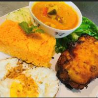Spicy Curry Double Chicken Platter · Spicy crispy curry chicken thigh with chicken curry and fried egg, served with 1/2 white 1/2...