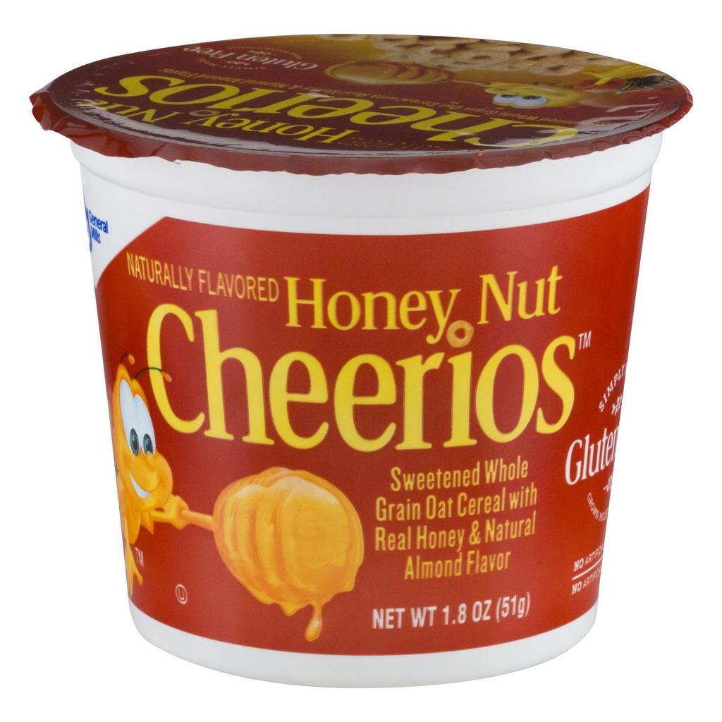 Honey Nut Cheerios Cereal Cup, Gluten Free Cereal, 1.8 Oz ·  Honey Nut Cherrios. Naturally flavored. Sweetened whole grain oat cereal with real honey & natural almond flavor. Simply made gluten free grown, milled, toasted. It contains no artificial flavors, no artificial colors. This product is Gluten-free.Honey Nut Cheerios Gluten Free Cereal Cups, 27g whole grain per serving. At least 48g recommended daily.