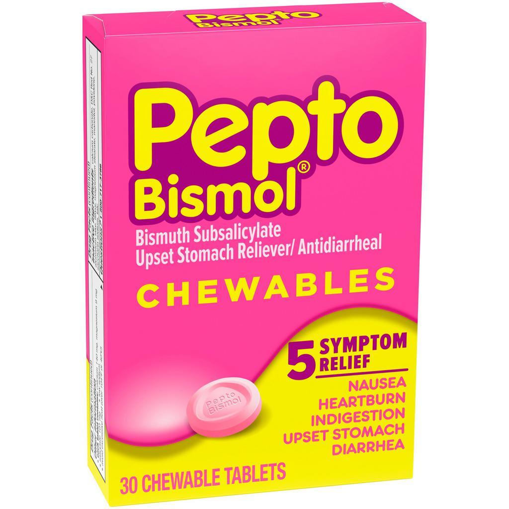 Pepto-Bismol Upset Stomach Reliever Antidiarrheal Chewable 30 Ct by Pepto-Bismol · 5 Symptom Relief:NauseaHeartburnIndigestionUpset StomachDiarrhea.