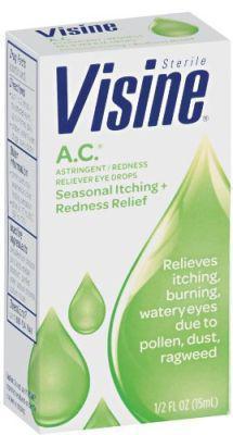 Visine a.C. Astringent Redness Reliever Eye Drops 0.5 Oz by Visine · Seasonal Itching Plus Redness Relief* Relieves Itching, Burning, Watery Eyes due to Pollen, Dust Ragweed* Astringent / Redness Reliever Eye Drops.