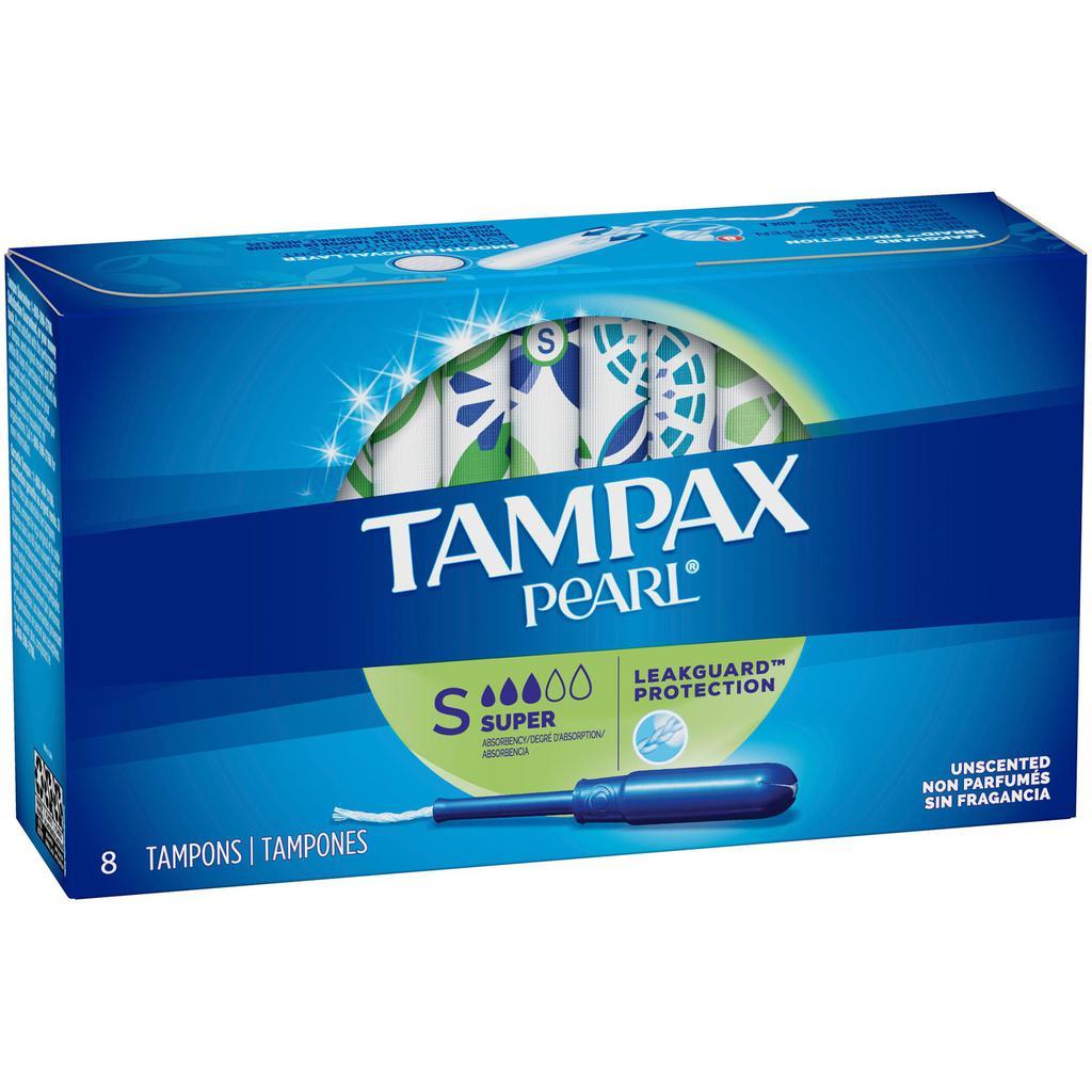 Tampax Pearl Tampons Super Absorbency Unscented 8 Each by Tampax · LeakGuard Braid protection helps stop leaks before they happen. Smooth removal layer for amazing comfort even on light days. Easy opening. Free of perfume and elemental chlorine bleaching. Core free of dyes.* Tested gentle to skin. *Braid has skin friendly pigments.