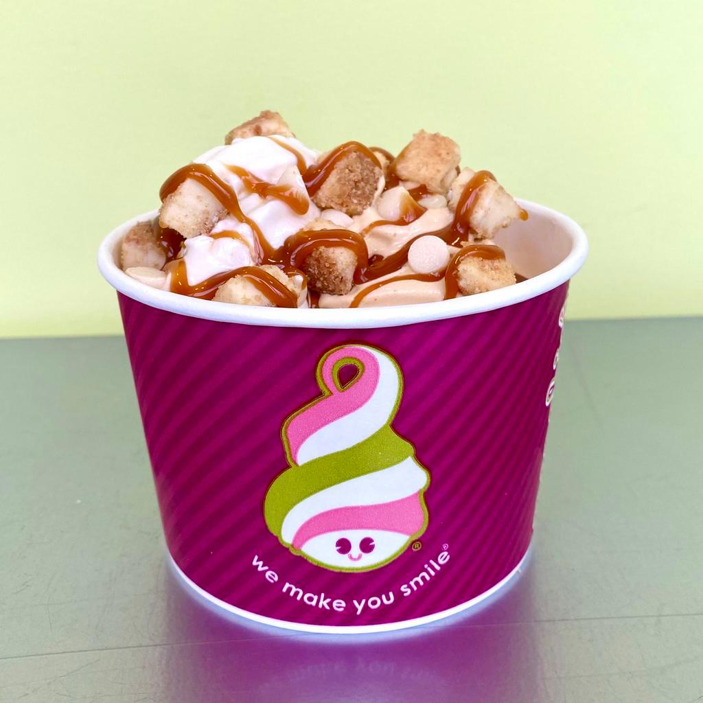 Caramel Lovers Cup · Our delicious Gourmet Caramel Vanilla Gelato & Vanilla Froyo. Topped with Hershey’s White Chocolate Chips, Cheesecake bites, & Caramel Sauce.