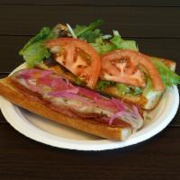 Italian Sub · Salami and pepperoni under provolone with red onions, tomatoes and organic greens on a Frenc...