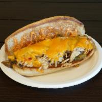 Chicken Philly Sub · Chicken under cheddar with grilled red peppers, green peppers, grilled onions, grilled mushr...