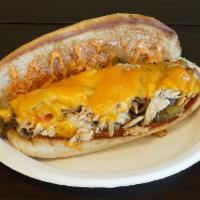 Chicken Philly Sub Combo · Chicken under cheddar with grilled red peppers, green peppers, grilled onions, grilled mushr...