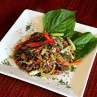 Japchae · Clear sweet potato noodles with beef, chicken or seafood with assorted vegetables.