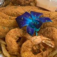Fish and Shrimp Platter · 4 jumbo shrimp and fried fish.