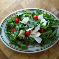 Arugula and Tomato Salad - Rucola e Pomodoro Insalata · Our crisp fresh arugula and cherry tomato salad, topped with shaved Italian Parmesan with Fi...