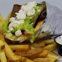 Classic Gyro Sandwich · Mixed beef and lamb, lettuce, tomato, onion and feta served in a pita with yogurt sauce.