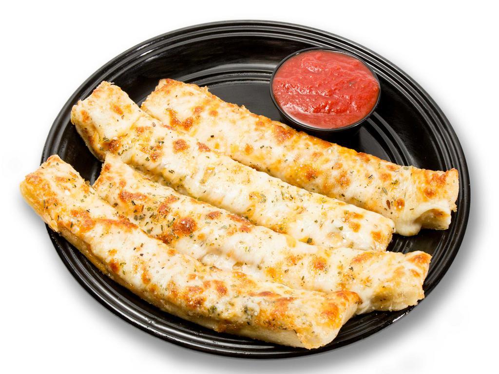 Cheesey Yummy Bread Sticks · Oven baked garlic buttered breadsticks topped with seasonings, and Parmesan, cheddar and mozzarella cheese. Served with pizza sauce for dipping.