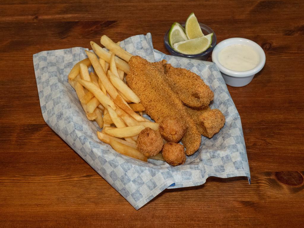 Catfish Basket · 3 piece. Catfish with french fries and hush puppies 