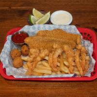 C&C Mixed Basket · 7 shrimp, 2 catfish with french fries and hush puppies