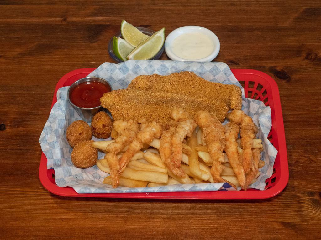C&C Mixed Basket · 7 shrimp, 2 catfish with french fries and hush puppies
