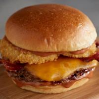 Smoke House Burger · Thick-cut Applewood smoked bacon, crispy sourdough onion rings, Wisconsin cheddar cheese, an...