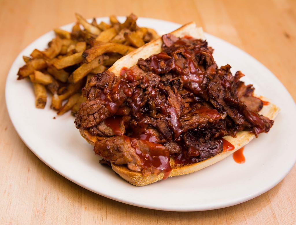 BBQ Slow Cooked Brisket Sandwich · Slow cooked and smoked served on a garlic herb. Served with sarge's famous crinkle cut fries.