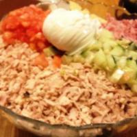 Chopped Salad · 48 oz bowl. Iceberg, romaine, radicchio, cucumber, tomato, green onions, chickpeas, and roas...