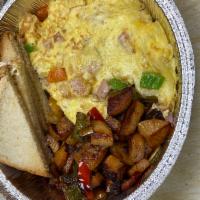 Western Omelette Breakfast Platter · 2 eggs omlette with boars head branded deluxe ham, onions, and bell peppers, with home fries...