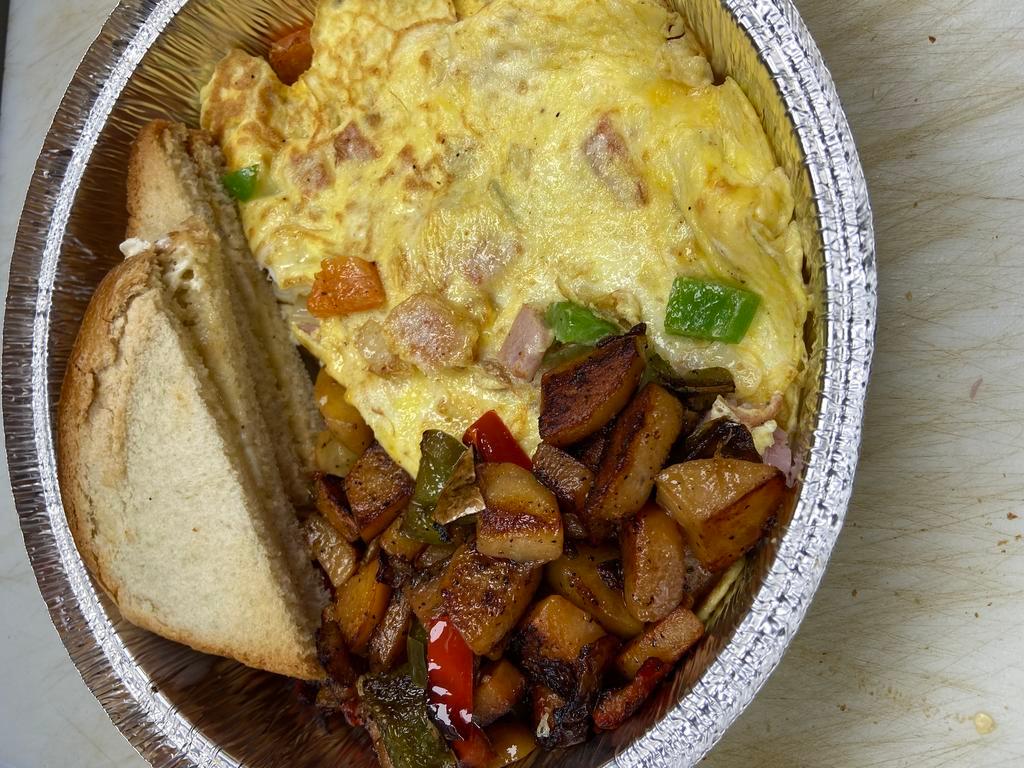 Western Omelette Breakfast Platter · 2 eggs omlette with boars head branded deluxe ham, onions, and bell peppers, with home fries or hash brown or french fries with your choice of white or wheat toast or rye. with or without butter.