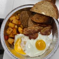 Hungry Man Breakfast Platter · 4 eggs prepared your way. Comes with  4 pcs bacon,  2 pcs sausage, home fries or hash browns...