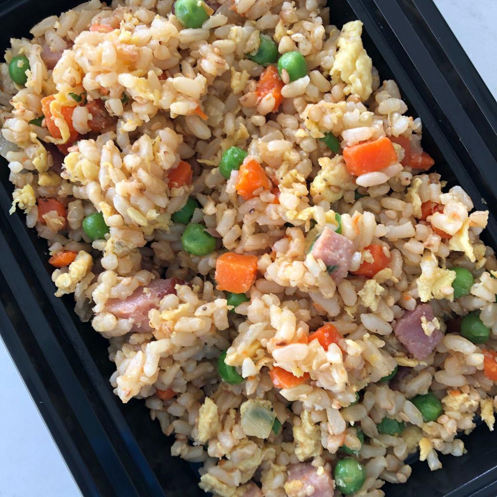 Gena's Breakfast Fried Rice · Breakfast fried rice with nitrate free, uncured smoked ham, yellow onion, diced carrots, peas, egg and brown rice.

Macros: 42g C, 14g F, 12g P, 256 Cal