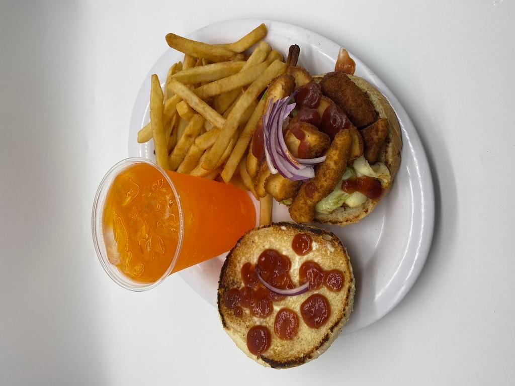 Chicken Tender Sandwich · Pink sauce, lettuce, tomato, onion, and cheese, served with fries and soda.