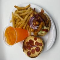 Buffalo Deluxe Sandwich · Buffalo sauce, fried chicken, bacon, lettuce, tomato, onion, and cheese, served with fries a...