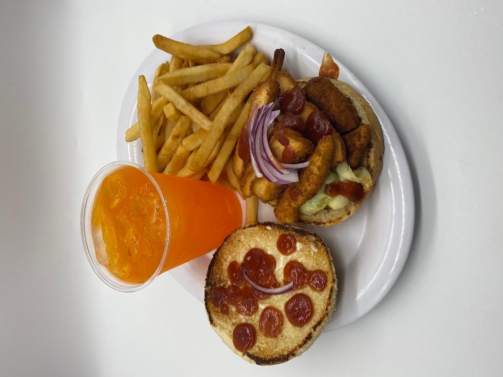Buffalo Deluxe Sandwich · Buffalo sauce, fried chicken, bacon, lettuce, tomato, onion, and cheese, served with fries and soda.